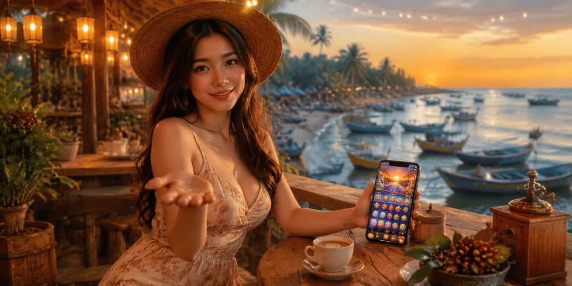 Người dùng Mũi Né dùng điện thoại xem voucher casino và thưởng thức cà phê buổi sáng